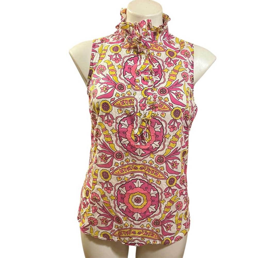 Tory Burch Floral Ruffle Neck Sleeveless Top - Pink and Yellow